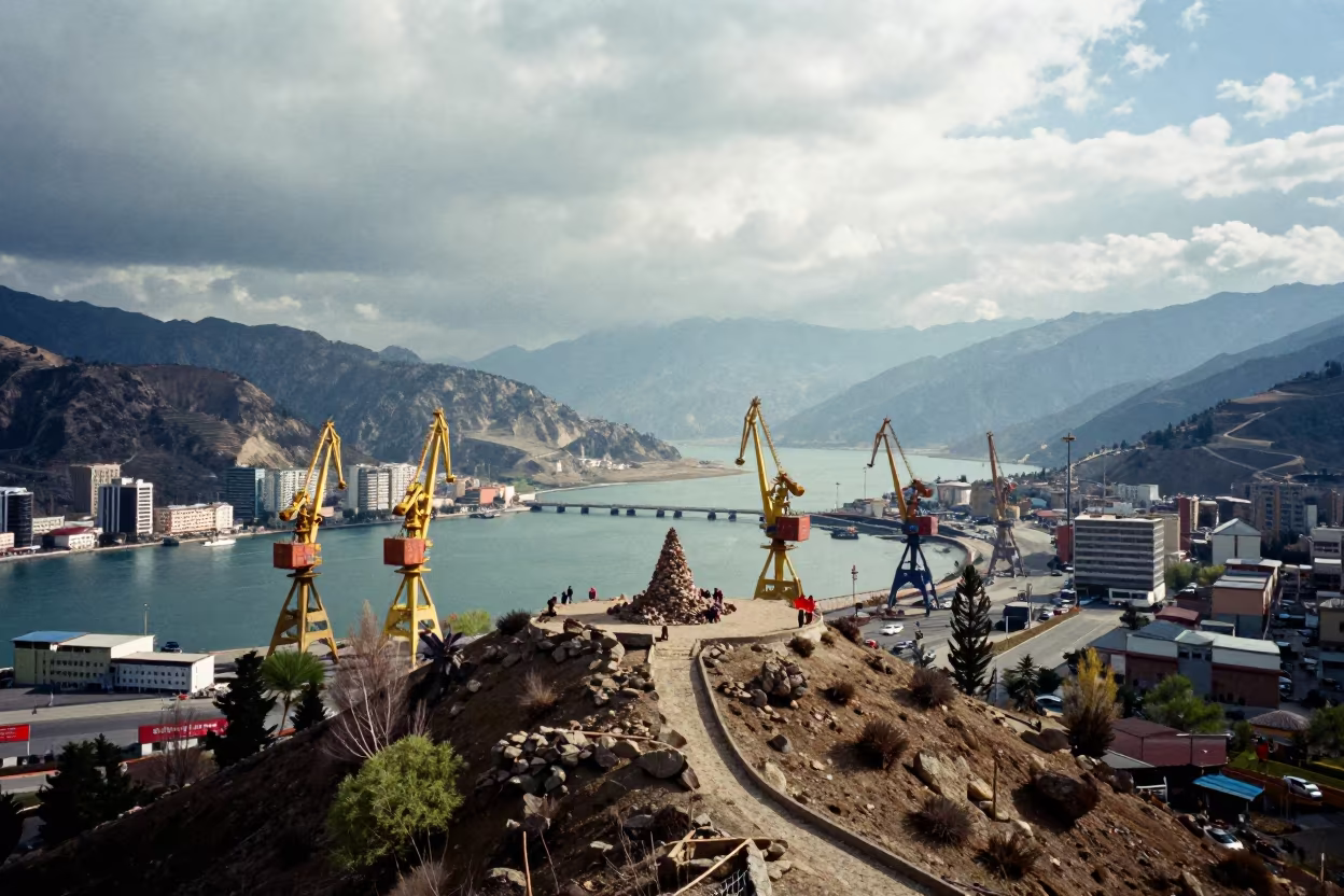Harbor Cranes and Summit Cairn in Early Spring Light in beside a summit cairn above the tree line near Leh