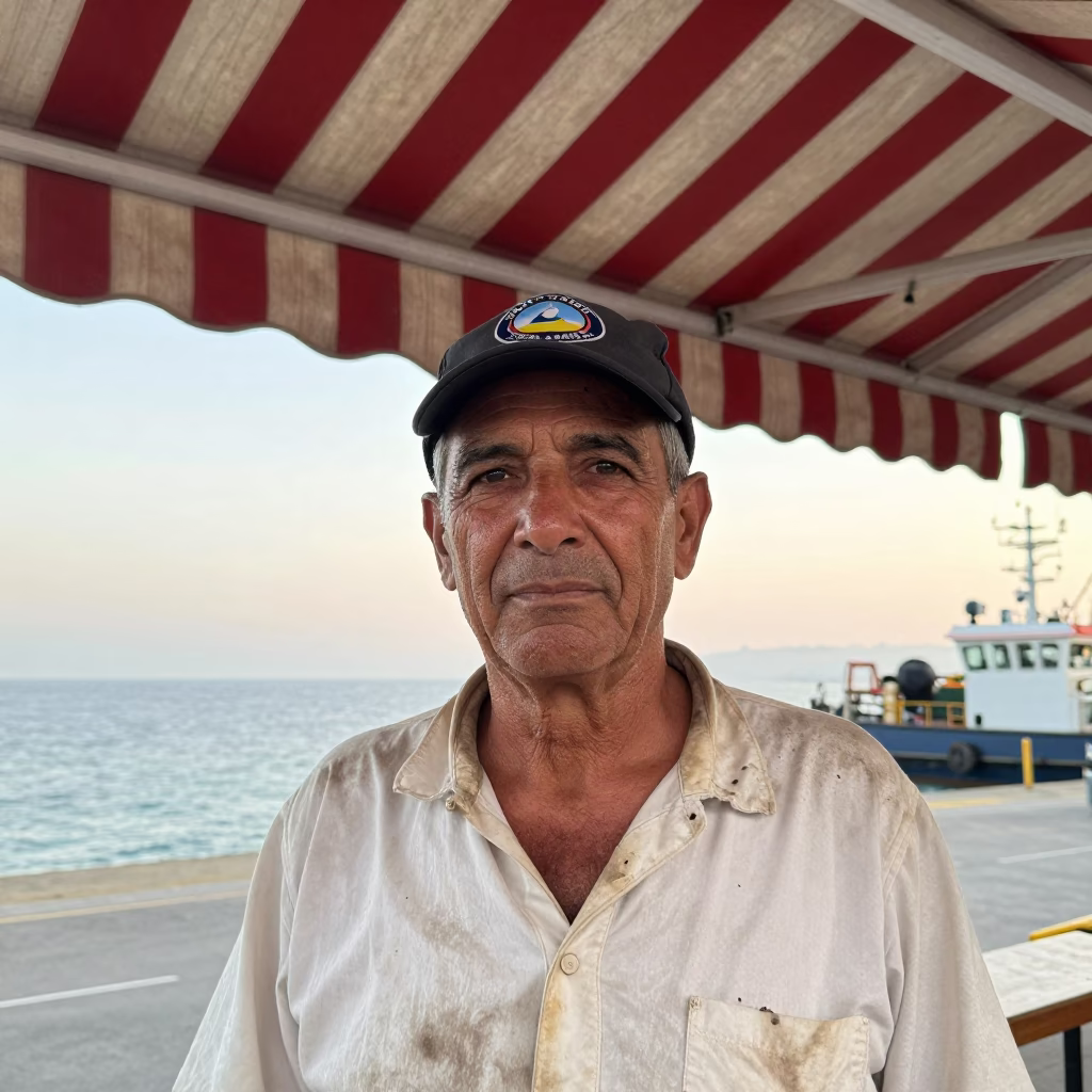 Harbor Dredge Captain at Dawn Barcelona in under a striped market awning near Barcelona