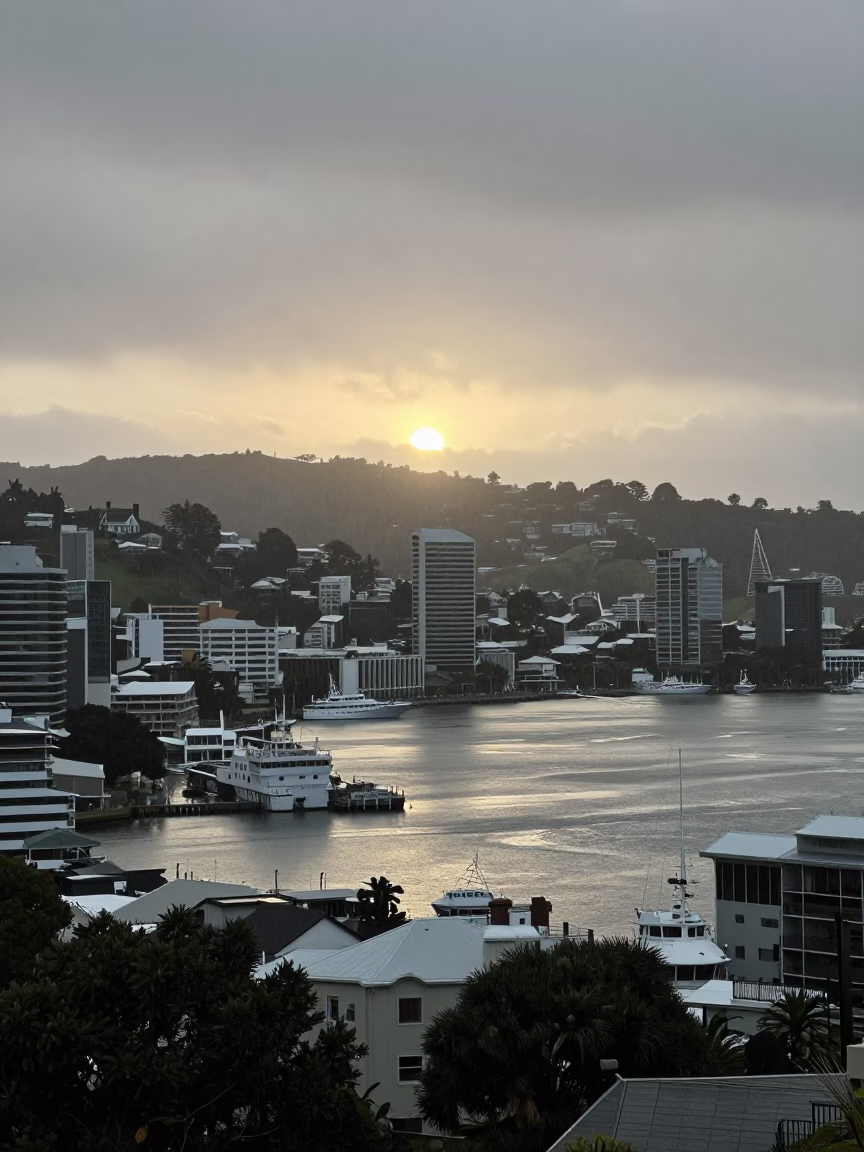 Harbor Drizzle at As The Sun Drops Toward The Horizon in Wellington in in Wellington, New Zealand