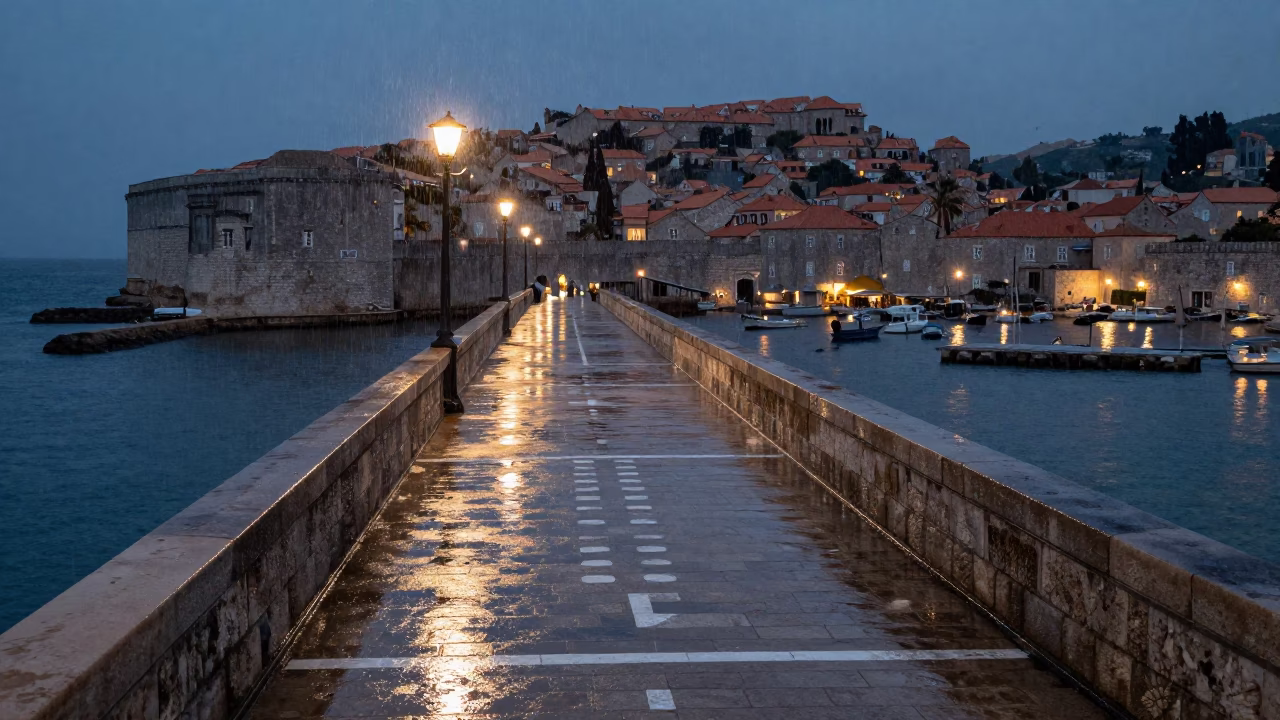 Harbor Drizzle in Dubrovnik at Deep In The Night Light in in Dubrovnik, Croatia