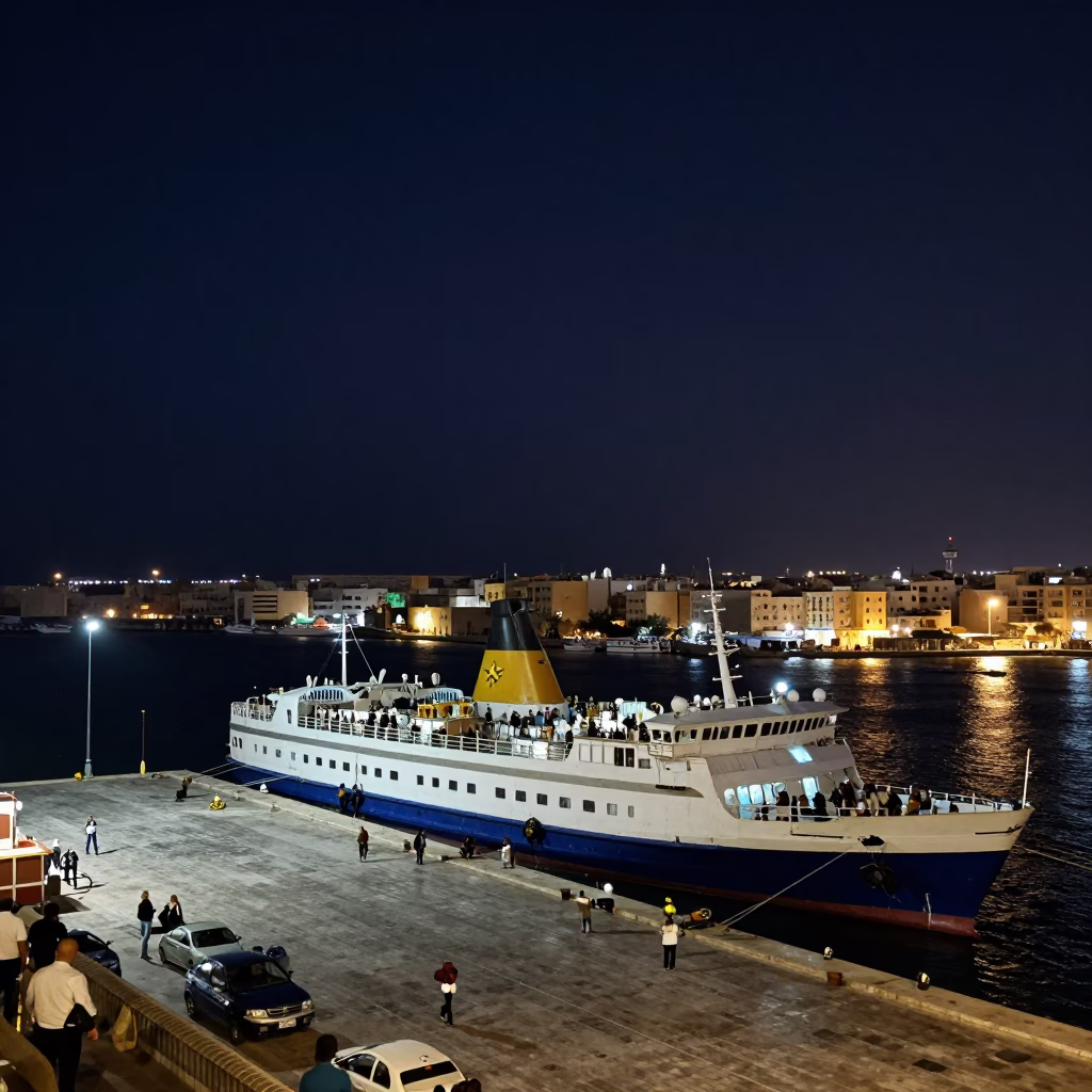 Harbor in Alexandria at The Deepest Night Sky Light in in Alexandria, Egypt