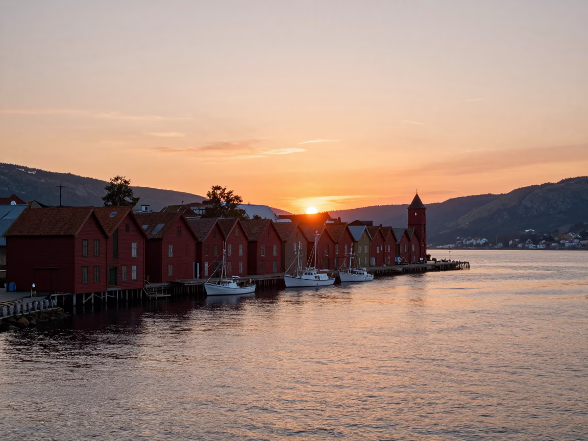 Harbor in Bergen at Sunset Light in in Bergen, Norway