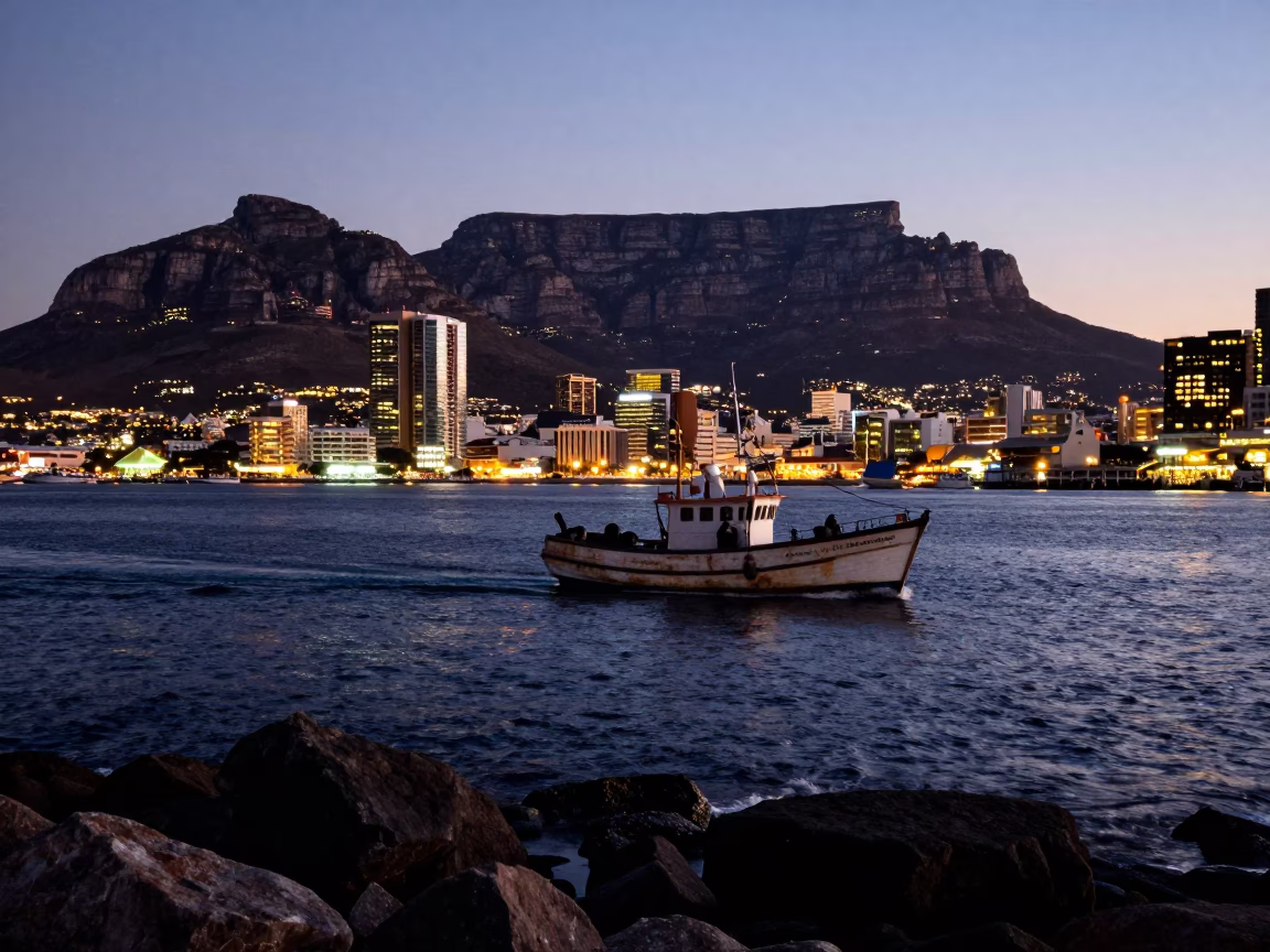 Harbor in Cape Town at As City Lights Begin To Glow in in Cape Town, South Africa