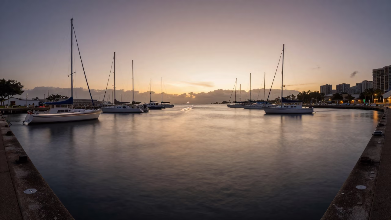 Harbor light trails near Kaimuki at sunset in near Kaimuki, Honolulu