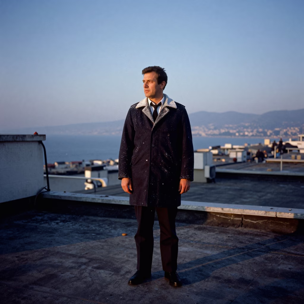 Harbor Pilot Portrait Before Dawn in Haifa in along a windswept rooftop near Haifa