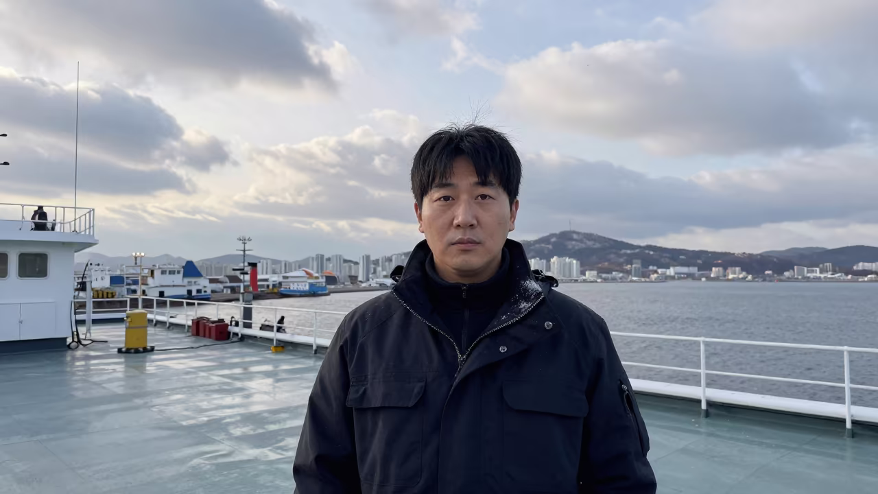 Harbor Pilot Portrait Busan Rooftop in along a windswept rooftop near Jagalchi, Busan