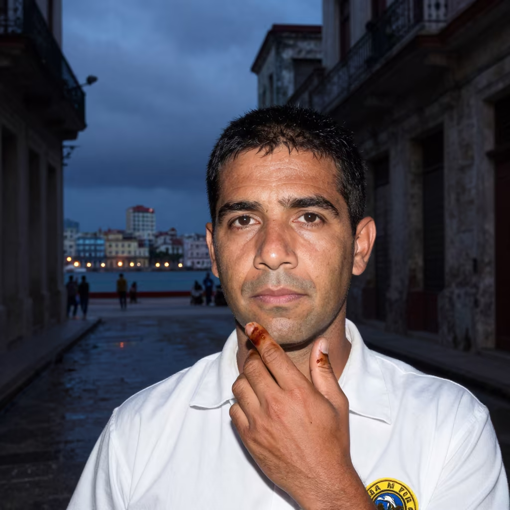 Harbor Pilot Portrait in Havana Twilight Alley in in a narrow stone alley near Centro Habana, Havana