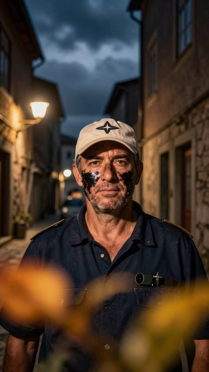 Harbor Pilot Portrait in Night Alley in in a narrow stone alley near Porto