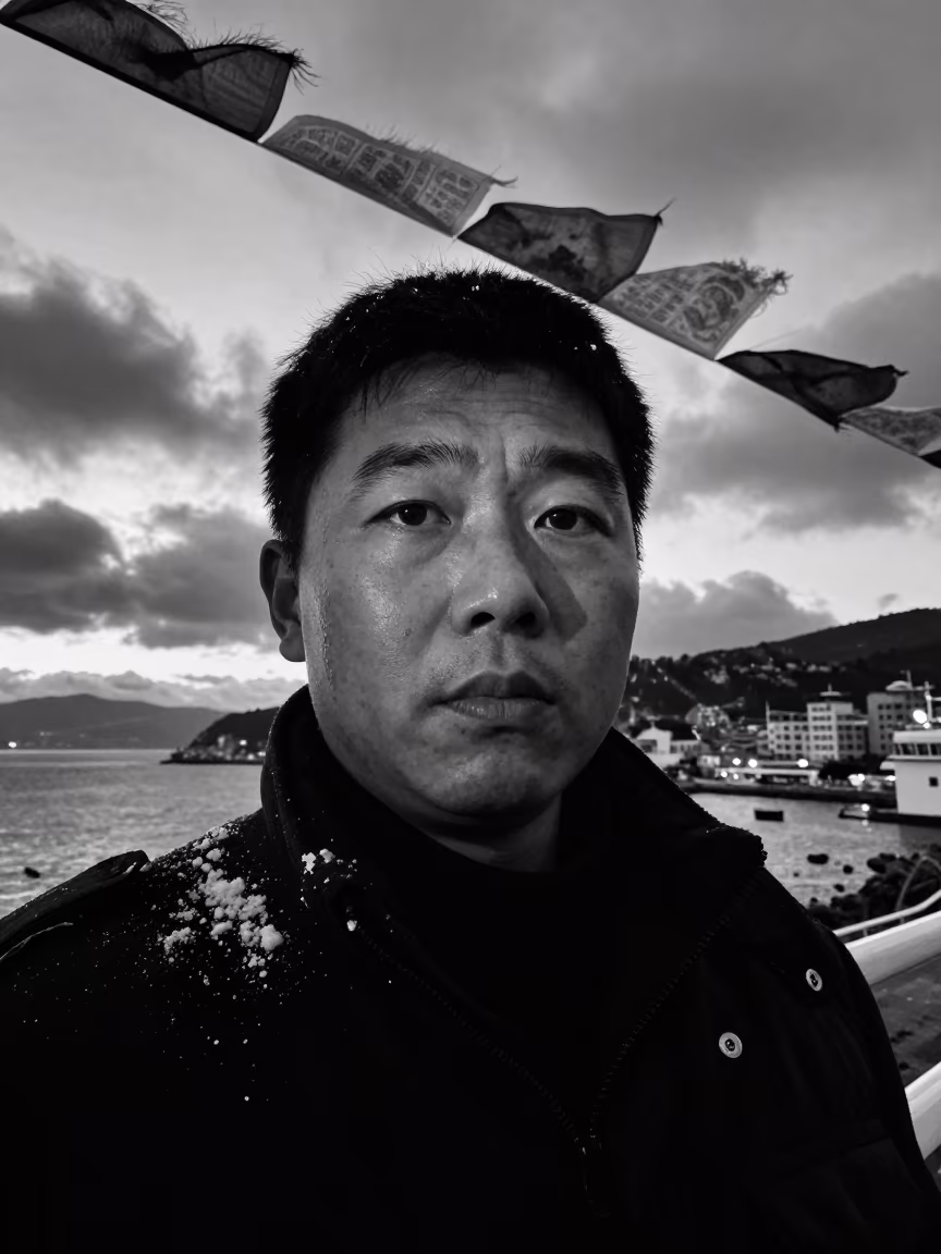 Harbor Pilot Portrait in Winter Busan Dawn in beneath a line of prayer flags near Busan