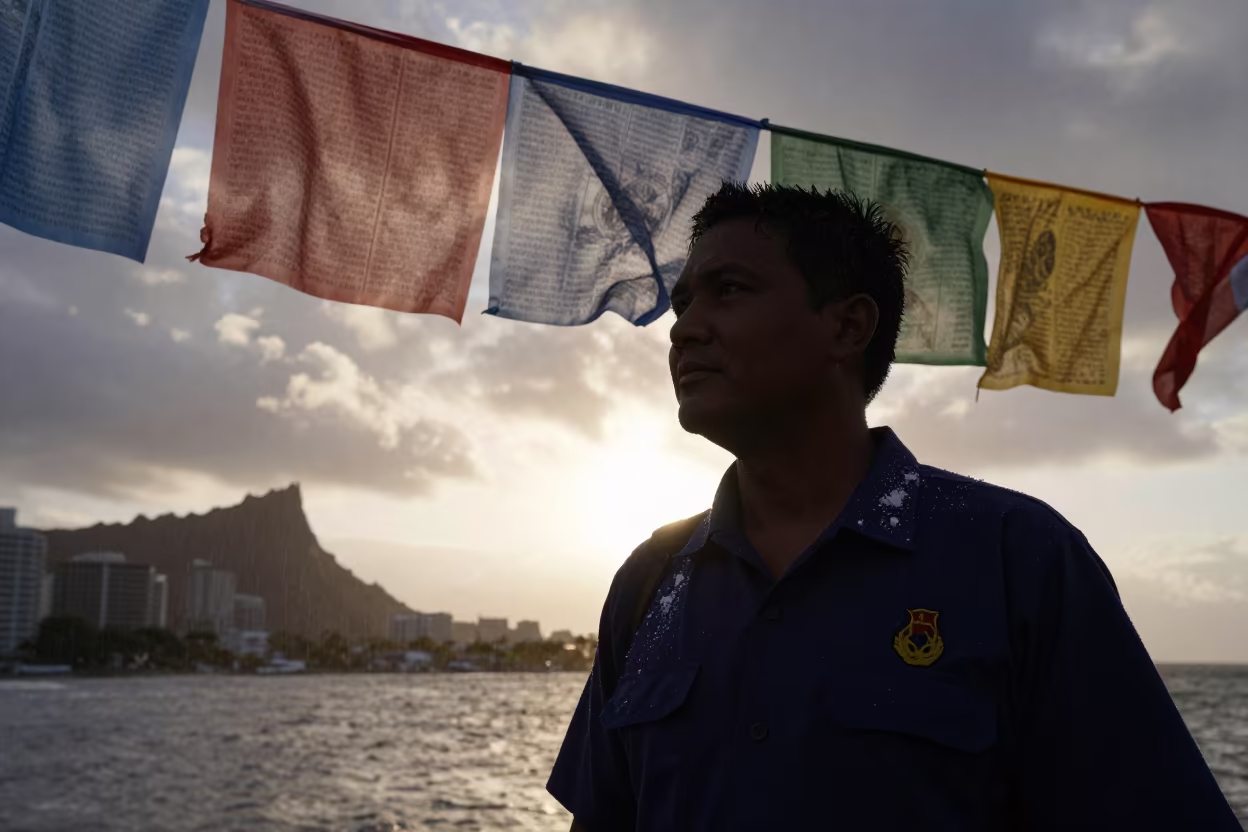 Harbor Pilot Silhouette Under Prayer Flags in beneath a line of prayer flags near Honolulu