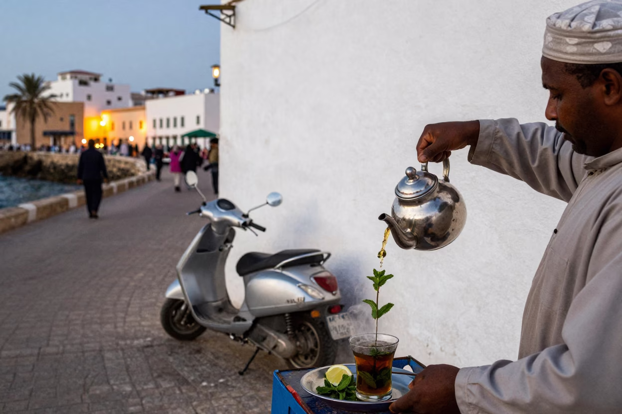 Harbor Promenade at As City Lights Begin To Glow in Essaouira in in Essaouira, Morocco