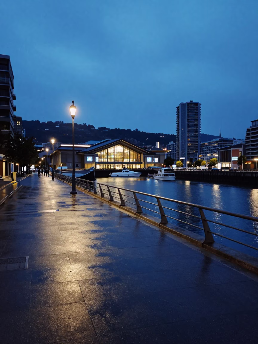 Harbor Promenade in Bilbao at The Still Hours Before Dawn Light in in Bilbao, Spain