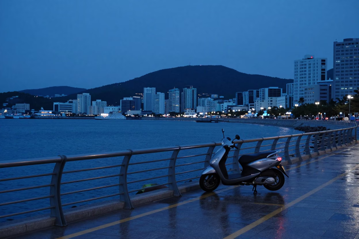 Harbor Promenade in Busan at Indigo Twilight After Sunset in in Busan, South Korea