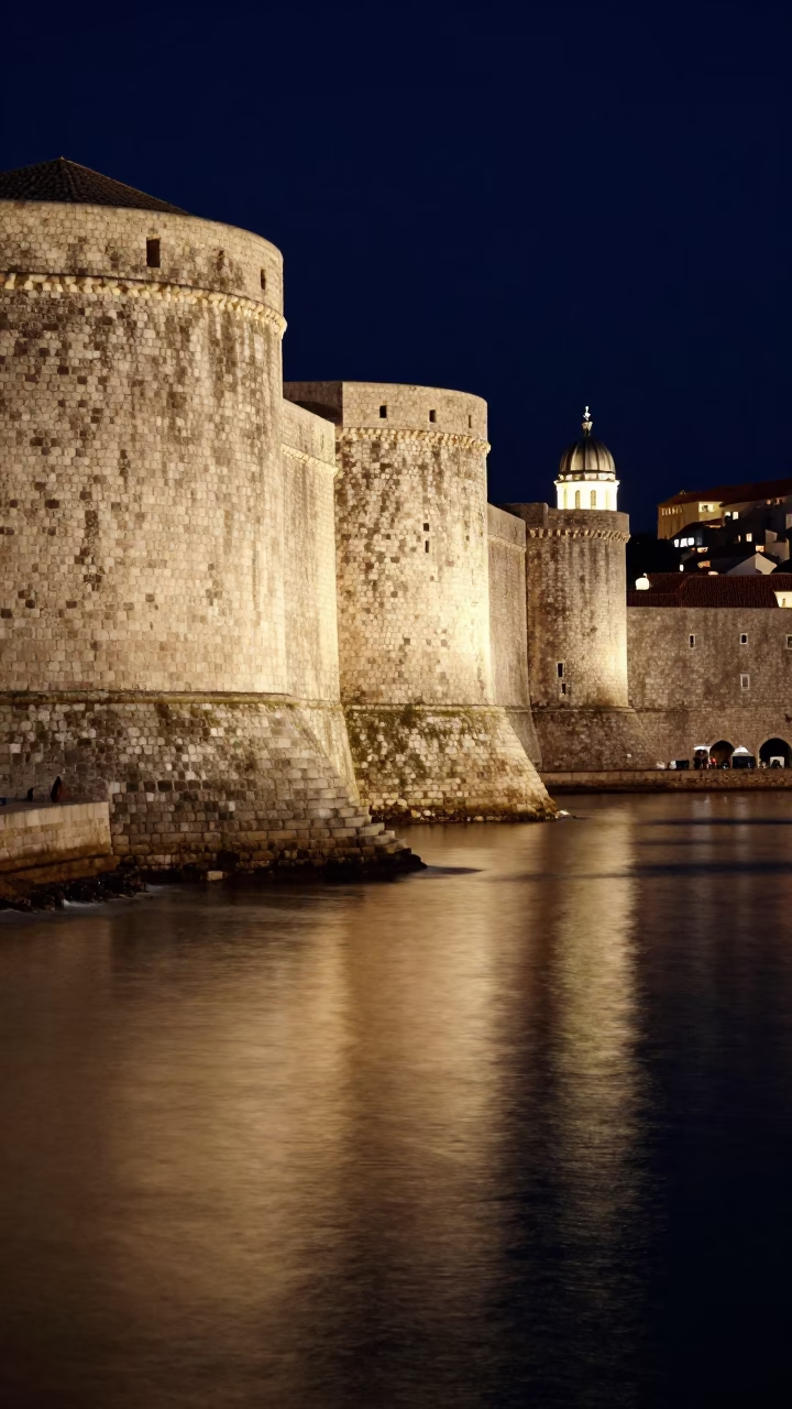 Harbor Reflections in Dubrovnik at Midnight Light in in Dubrovnik, Croatia