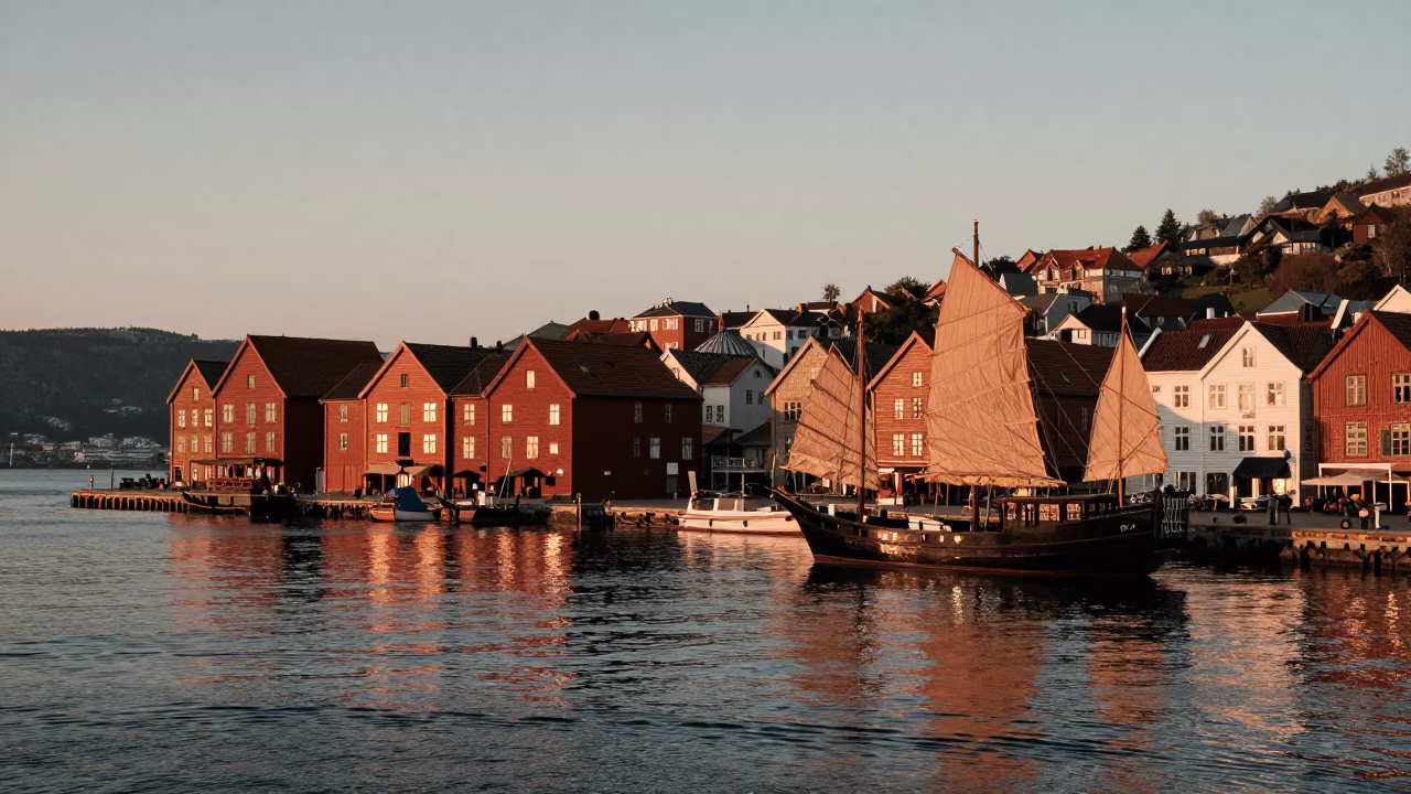 Harbor Scene in Bergen at Copper-toned Light Before Dusk in in Bergen, Norway