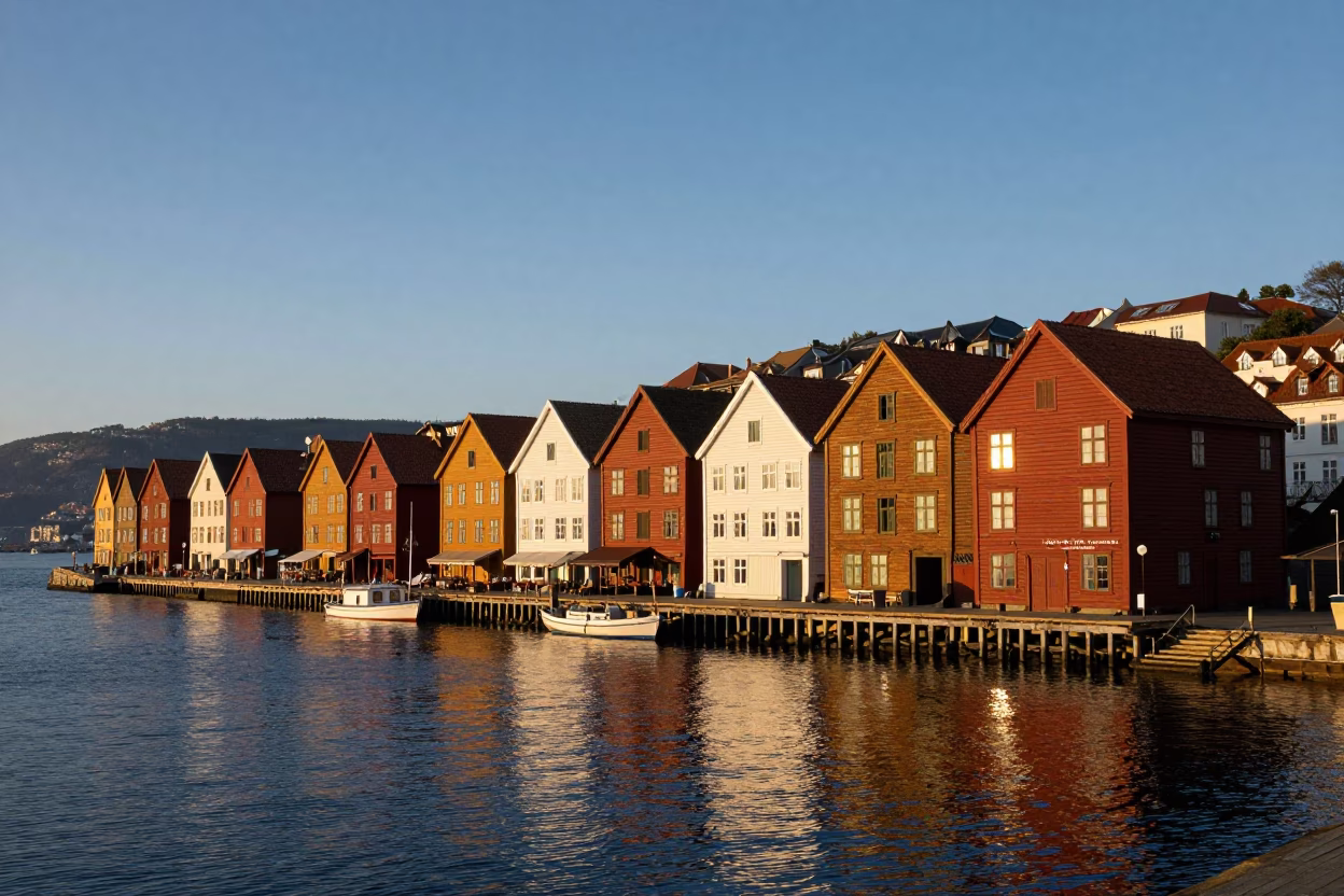 Harbor Scene in Bergen at Golden Hour in in Bergen, Norway