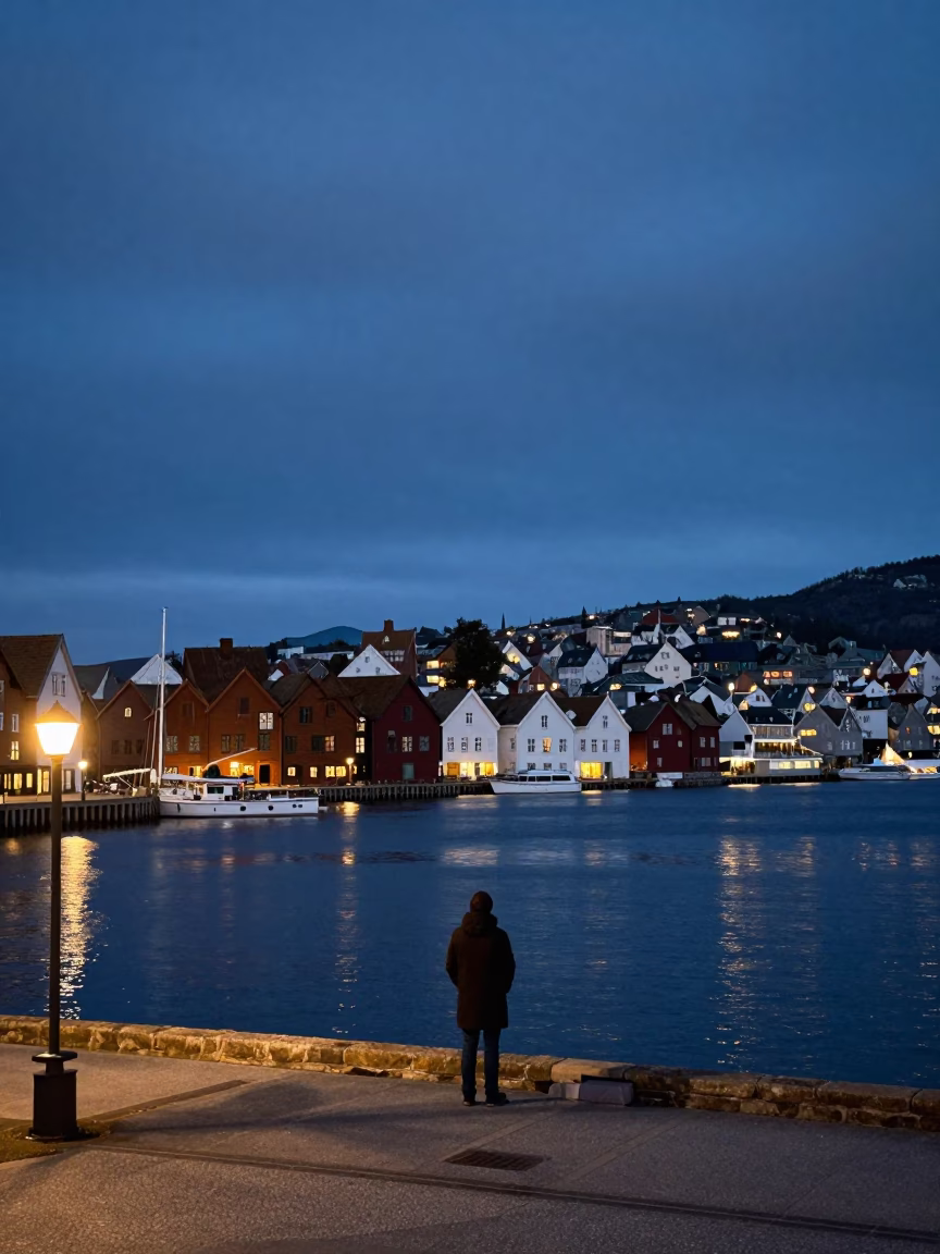 Harbor Scene in Bergen at Midnight Light in in Bergen, Norway