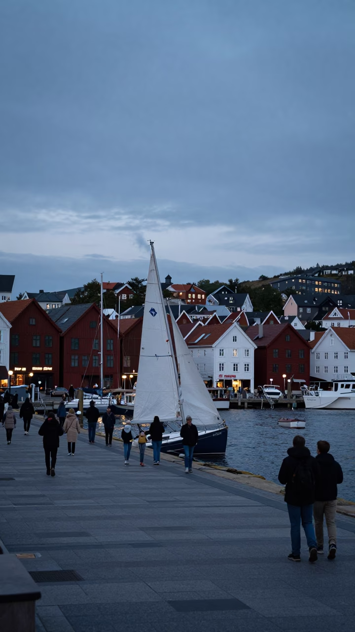 Harbor Scene in Bergen at Nautical Dawn Light in in Bergen, Norway