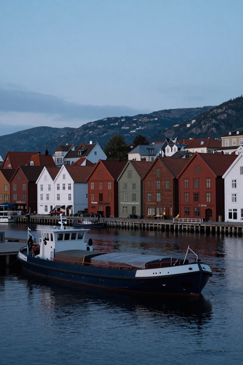 Harbor Scene in Bergen at Sunrise Light in in Bergen, Norway