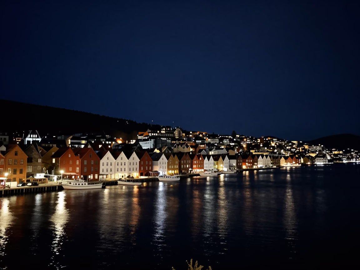 Harbor Scene in Bergen at The Deepest Night Sky Light in in Bergen, Norway