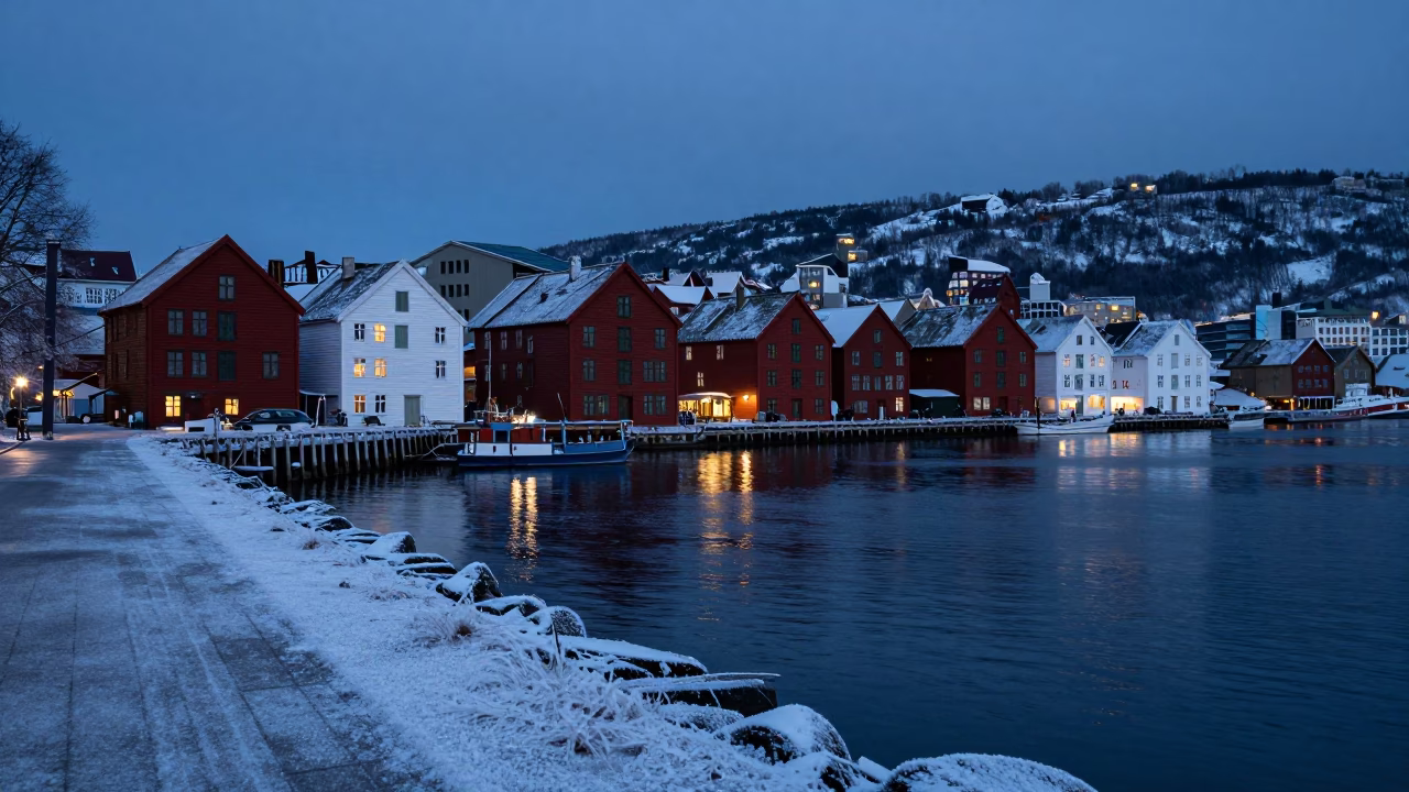 Harbor Scene in Bergen at The Predawn Darkness Light in in Bergen, Norway