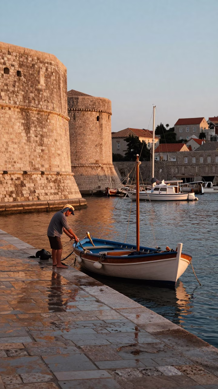 Harbor Scene in Dubrovnik at Nautical Dawn Light in in Dubrovnik, Croatia