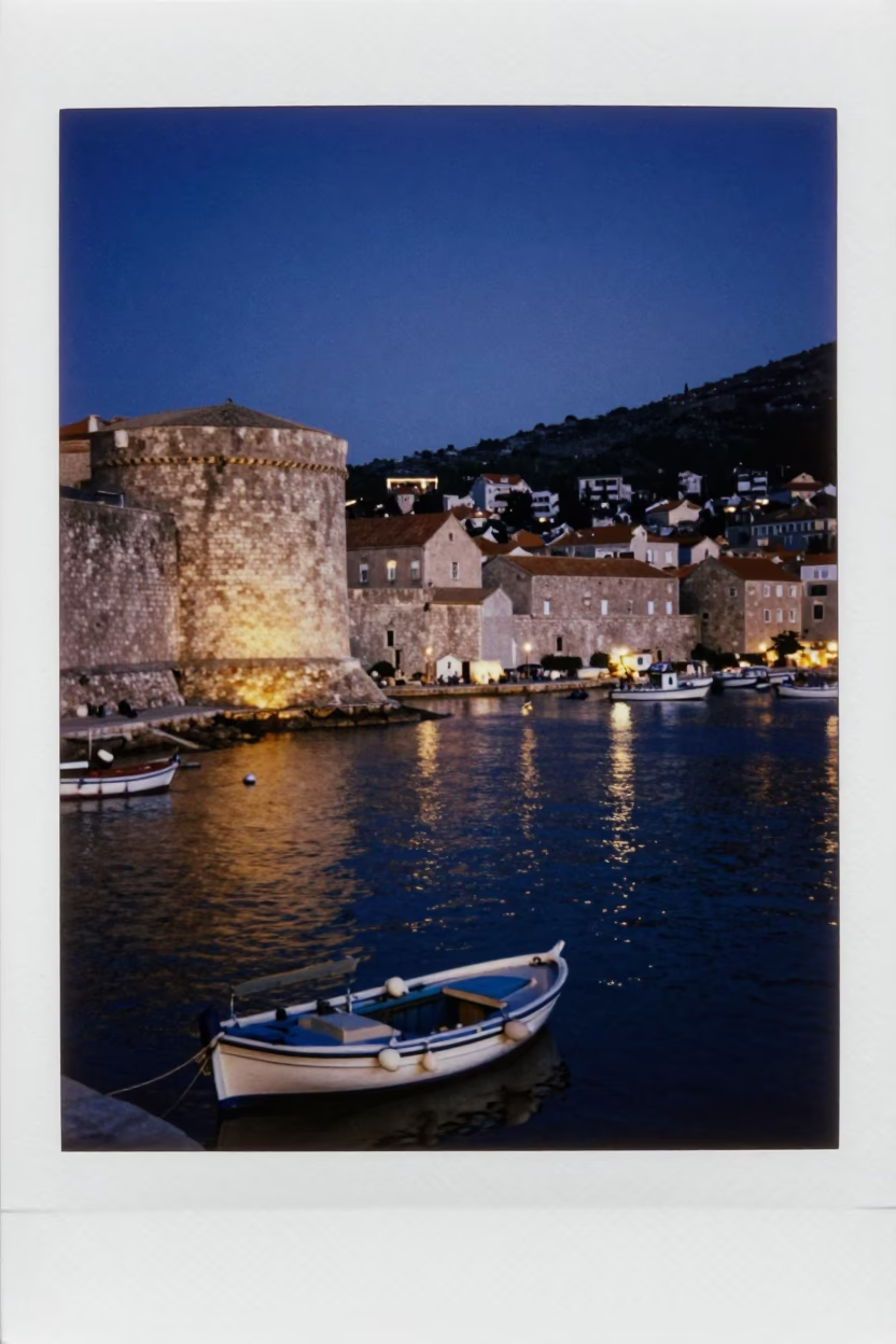 Harbor Scene in Dubrovnik at The Predawn Darkness Light in in Dubrovnik, Croatia