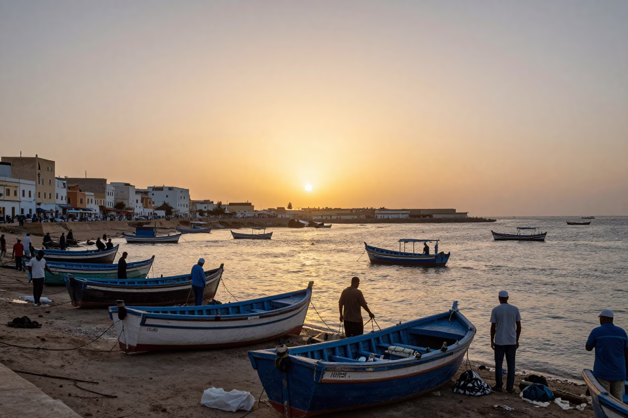 Harbor Scene in Essaouira at As The Sun Drops Toward The Horizon in in Essaouira, Morocco