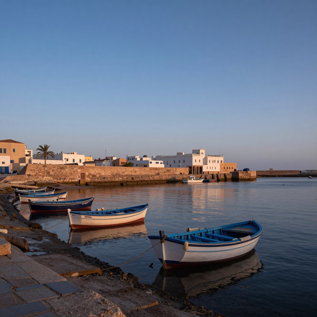 Harbor Scene in Essaouira at First Light Of Dawn in in Essaouira, Morocco