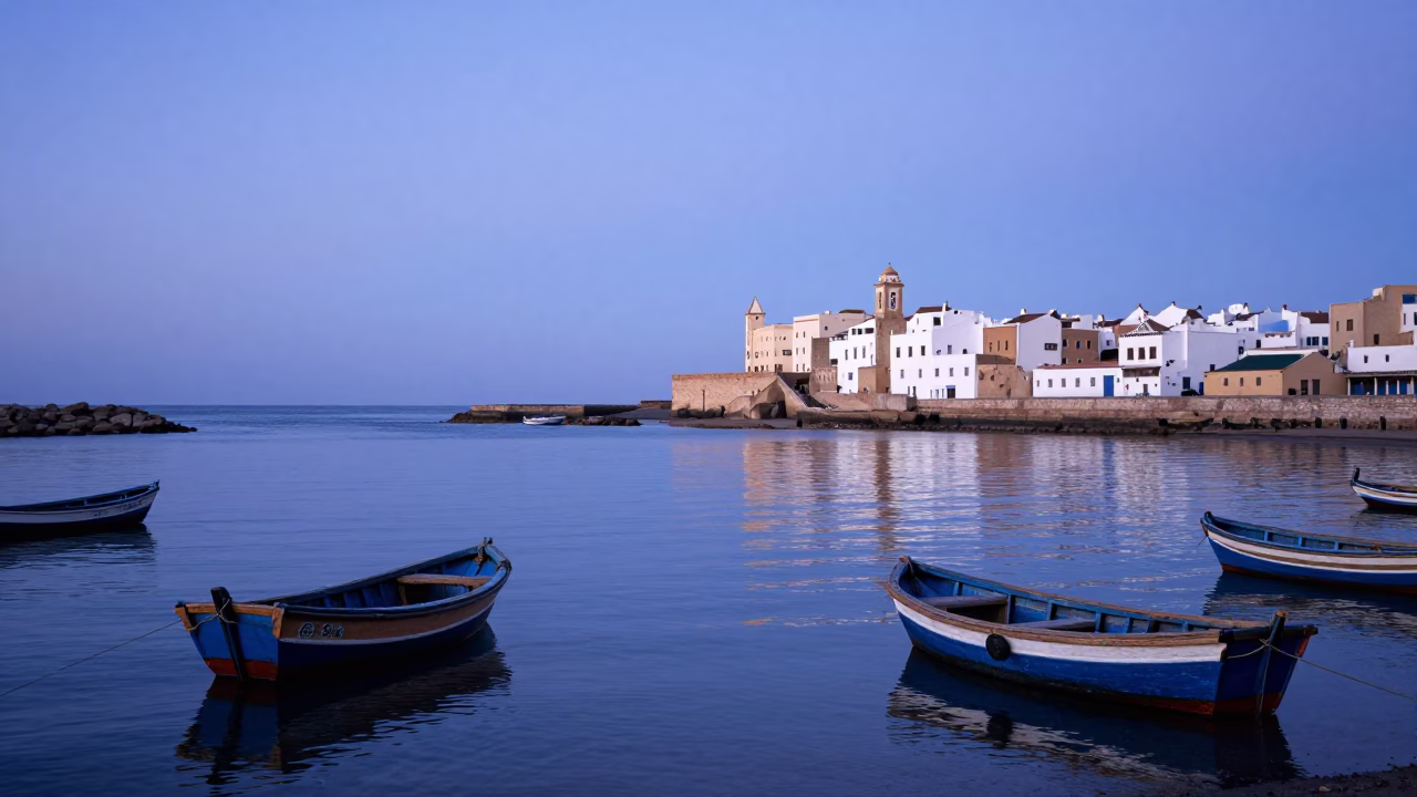 Harbor Scene in Essaouira at Nautical Dawn Light in in Essaouira, Morocco