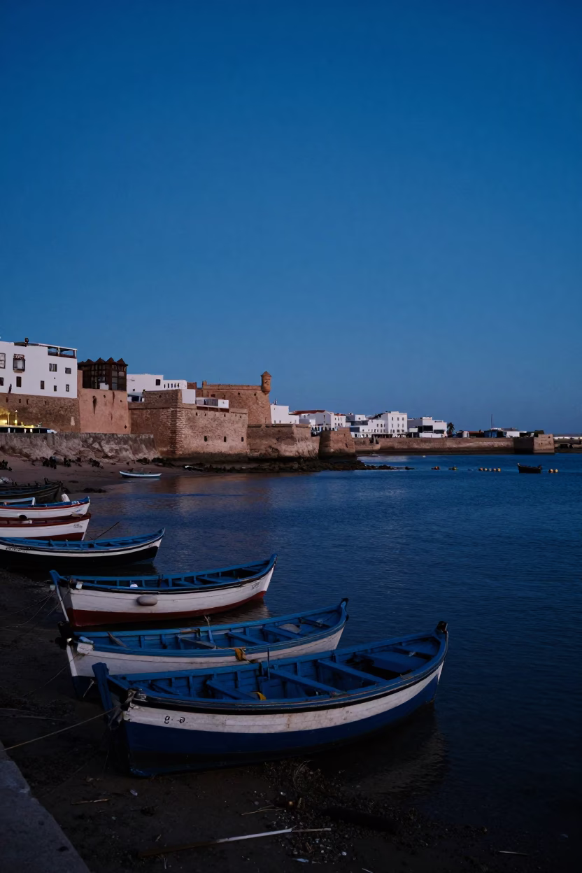 Harbor Scene in Essaouira at Twilight in in Essaouira, Morocco