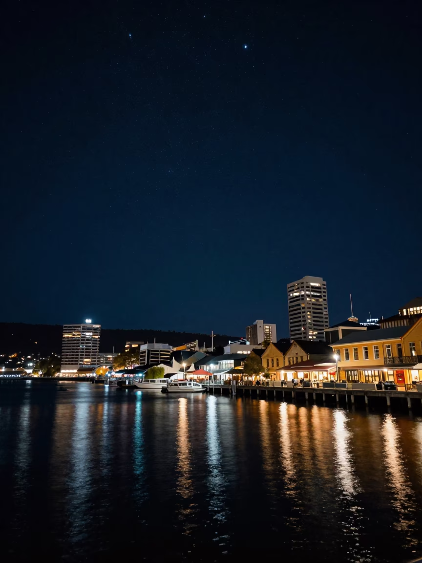 Harbor Scene in Hobart at The Deepest Night Sky Light in in Hobart, Tasmania, Australia