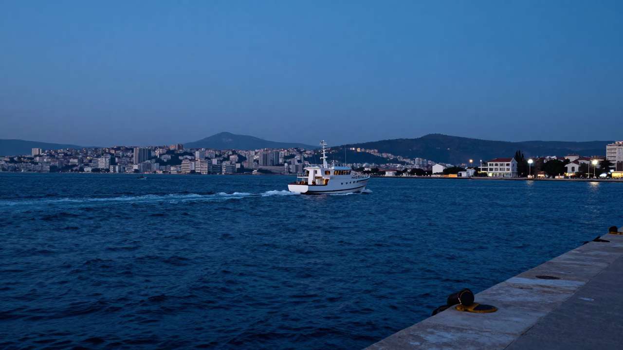 Harbor Scene in Izmir at The Still Hours Before Dawn Light in in Izmir, Turkey