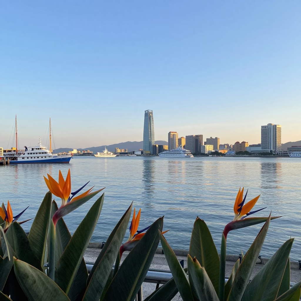 Harbor Scene in Kaohsiung at As First Light Reaches The Scene in in Kaohsiung, Taiwan