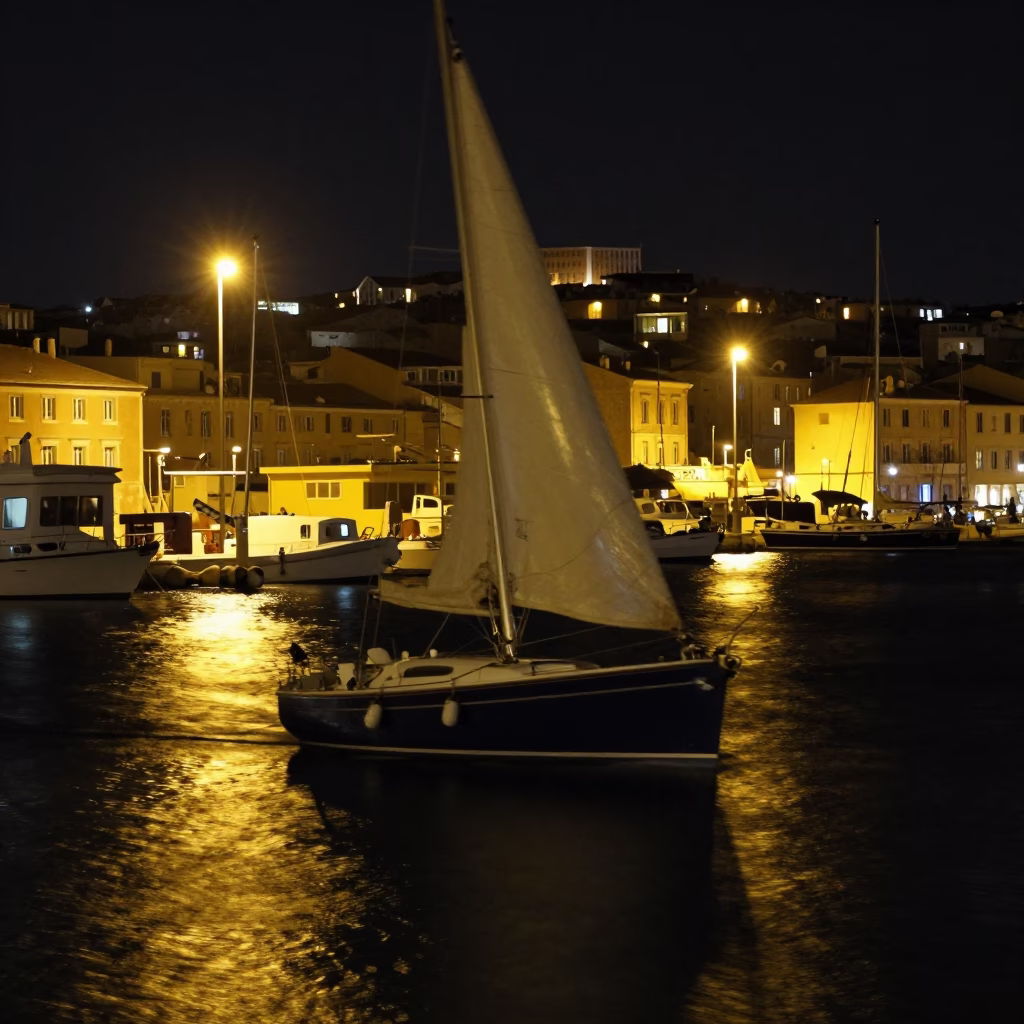Harbor Scene in Marseille at Deep In The Night Light in in Marseille, France