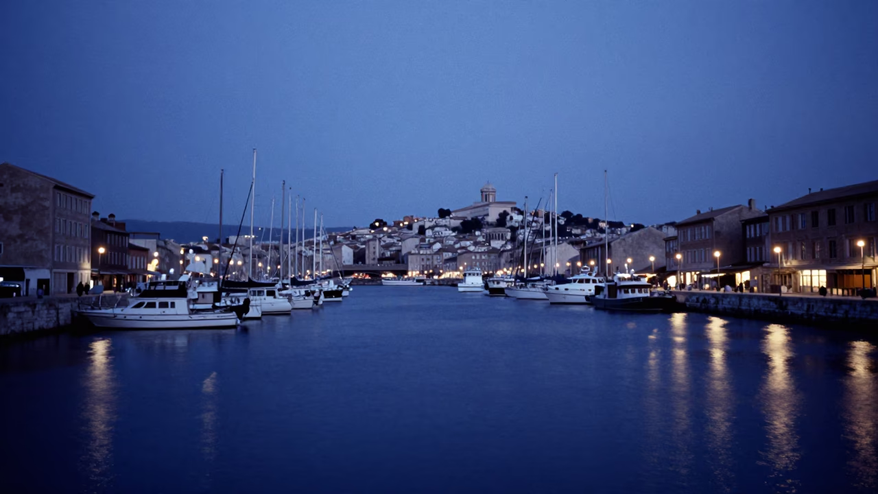 Harbor Scene in Marseille at The Still Hours Before Dawn Light in in Marseille, France