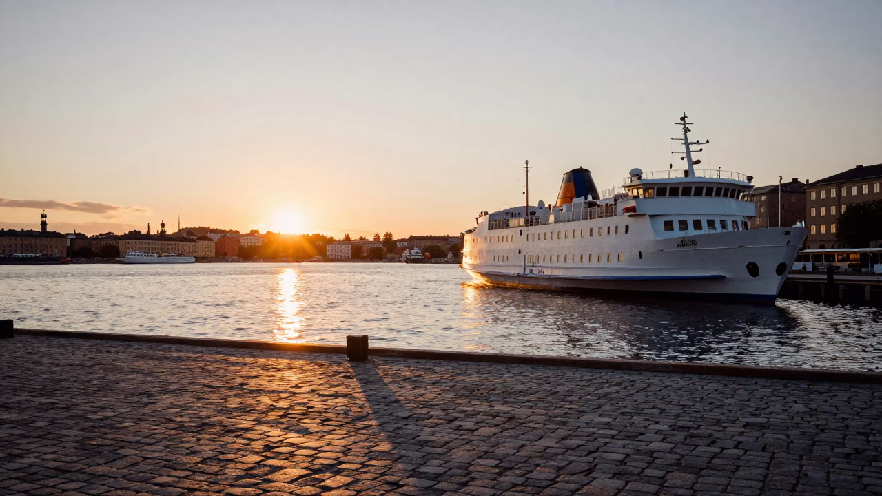 Harbor Scene in Stockholm at As The Sun Drops Toward The Horizon in in Stockholm, Sweden