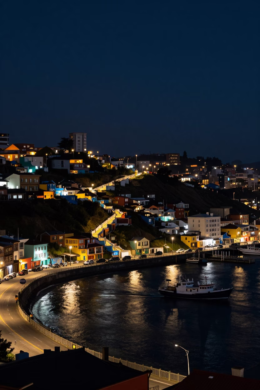 Harbor Scene in Valparaiso at The Deepest Night Sky Light in in Valparaiso, Chile