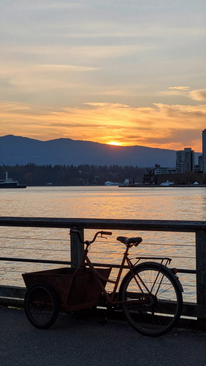 Harbor Scene in Vancouver at As The Sun Drops Toward The Horizon in in Vancouver, British Columbia, Canada