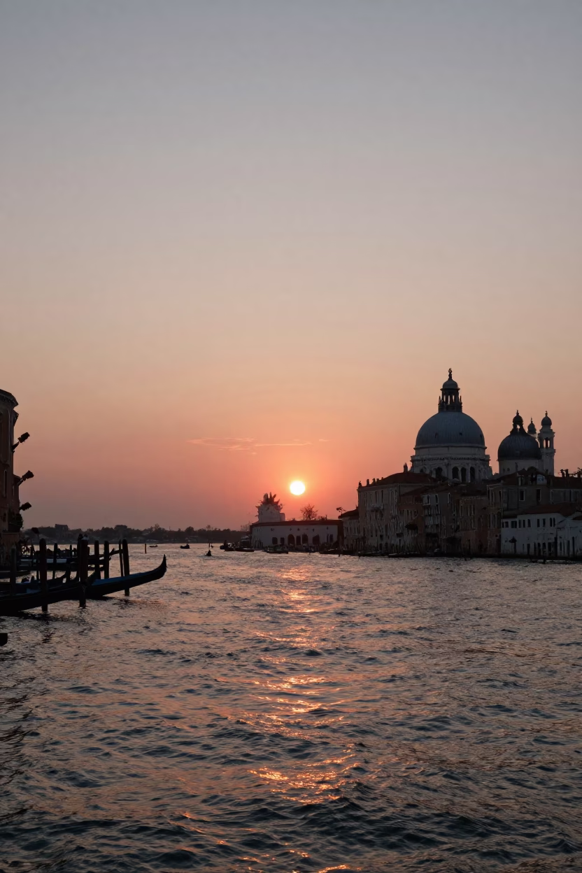 Harbor Scene in Venice at As The Sun Drops Toward The Horizon in in Venice, Italy