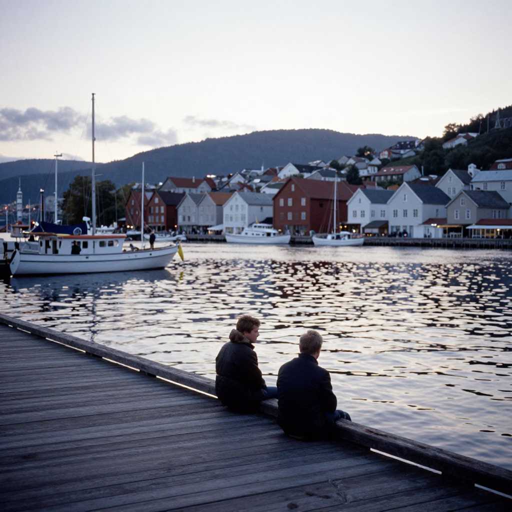 Harbor Scene just after sunrise in Bergen in in Bergen, Norway