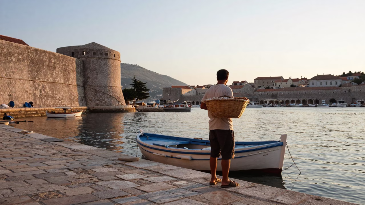 Harbor Scene just after sunrise in Dubrovnik in in Dubrovnik, Croatia