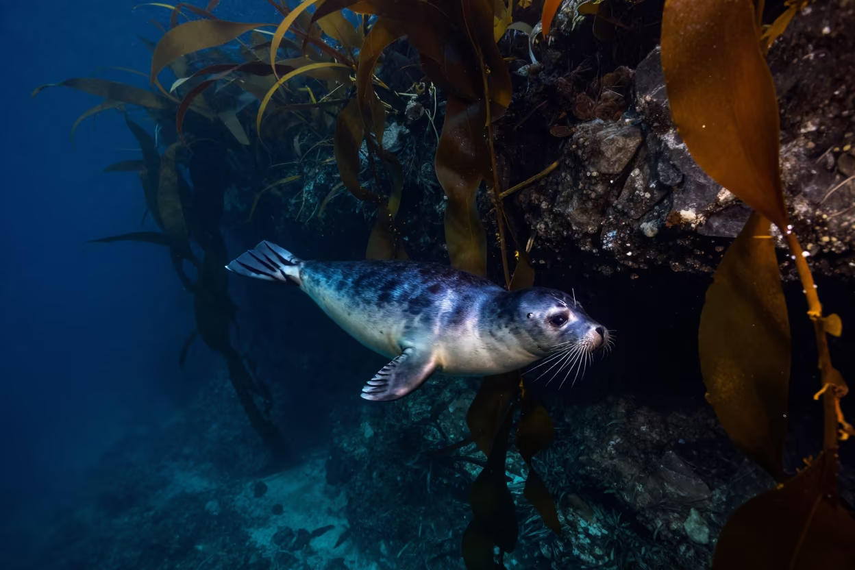 Harbor Seal Drifting Through Kelp in Deep Shadow in through kelp fronds beside a rocky shelf in Florida