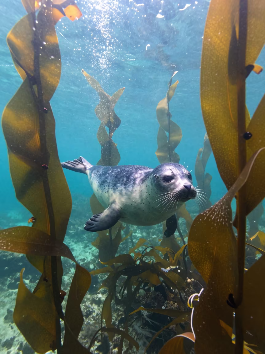 Harbor Seal Drifting Through Kelp Forest Mumbai in above a cold-water reef edge near Fort, Mumbai
