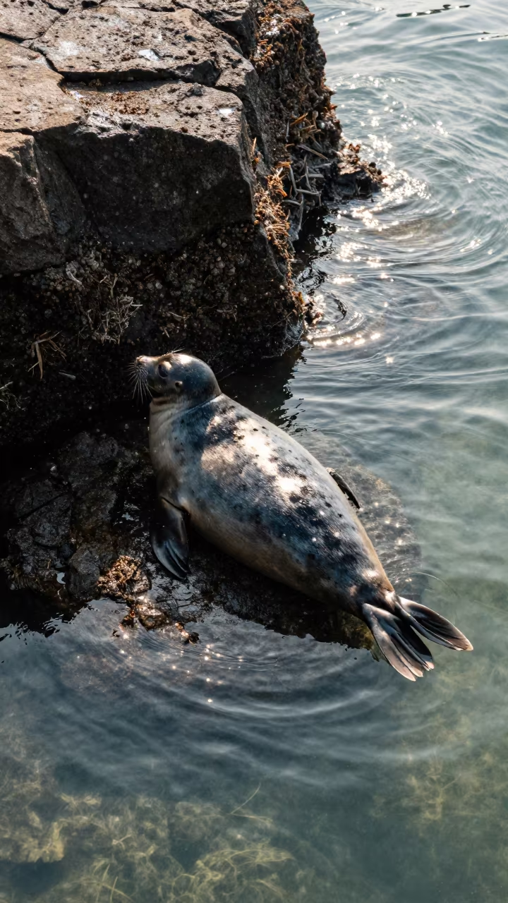 Harbor Seal on Boulder in Mumbai Tide in beside a tide-cut rock ledge under clear water in Mumbai