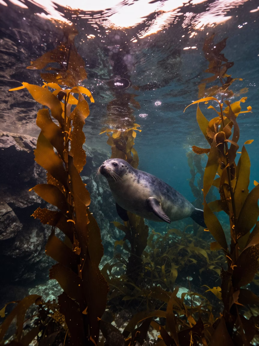 Harbor Seal Weaving Through Hokkaido Kelp in Copper Light in through kelp fronds beside a rocky shelf in Hokkaido