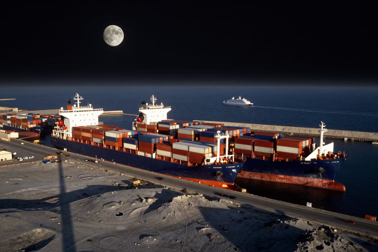Harbor Ships Under Black Moon Sky in across a remote ferry crossing near Marseille