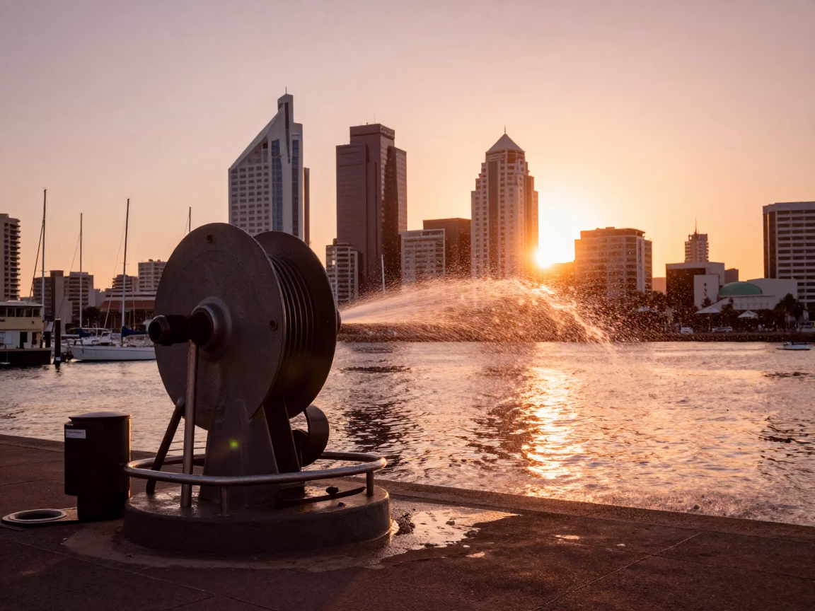 Harbor Sunset at Copper-toned Light Before Dusk in Durban in in Durban, South Africa