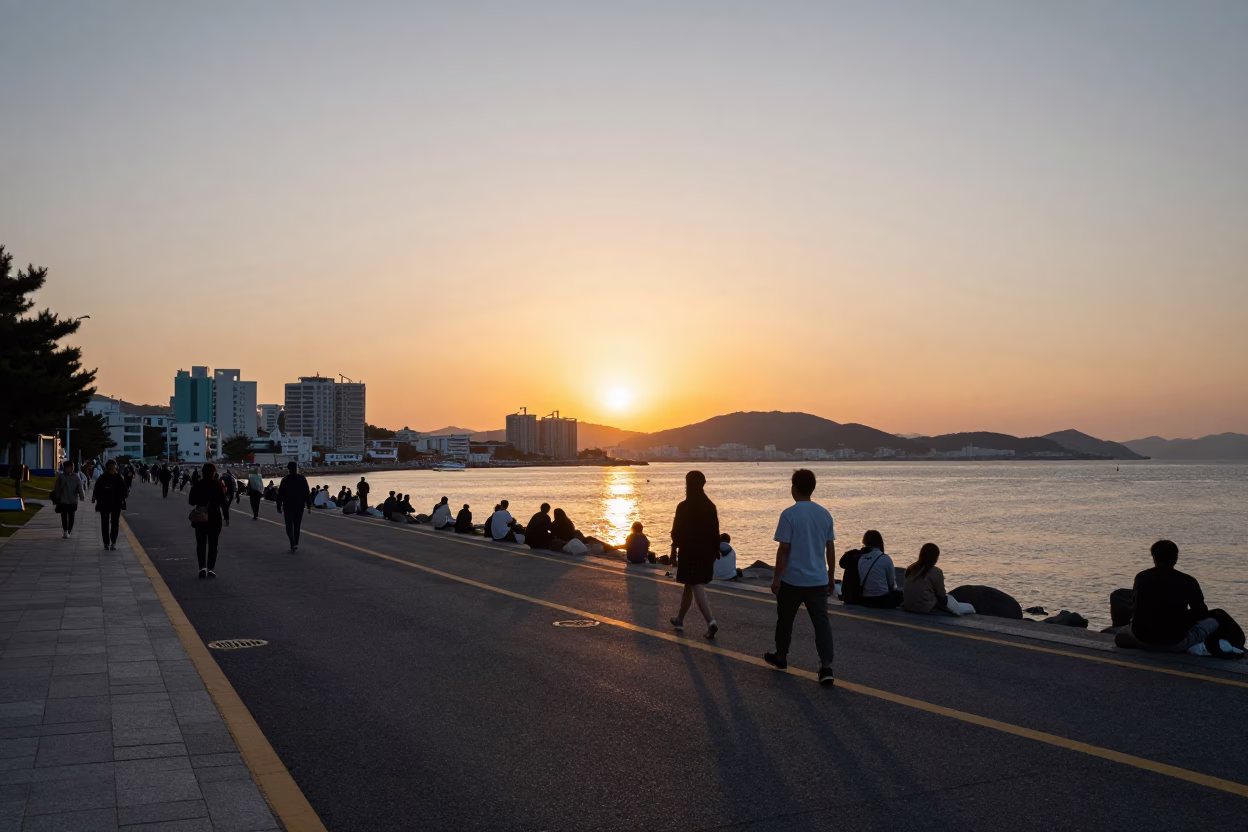 Harbor Sunset in Busan at As The Sun Drops Toward The Horizon in in Busan, South Korea