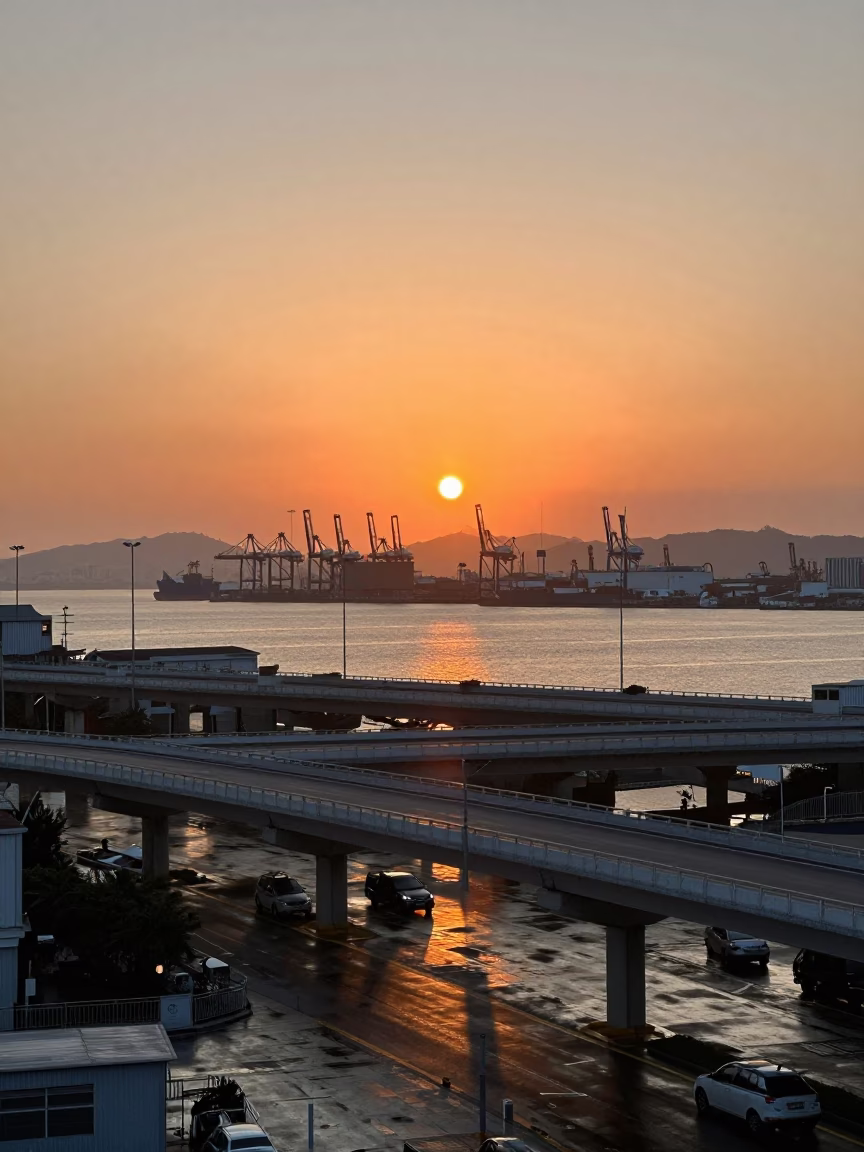 Harbor Sunset in Kaohsiung at As The Sun Drops Toward The Horizon in in Kaohsiung, Taiwan